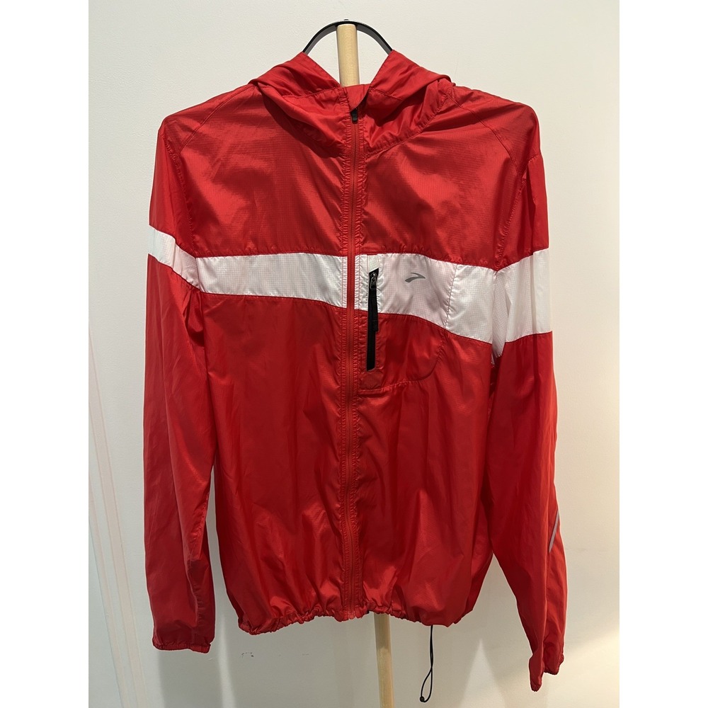 Brooks Shelter Technology Running Jacket Mens Large Red White Hooded Windbreaker